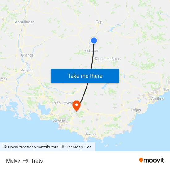 Melve to Trets map