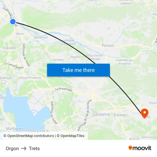 Orgon to Trets map