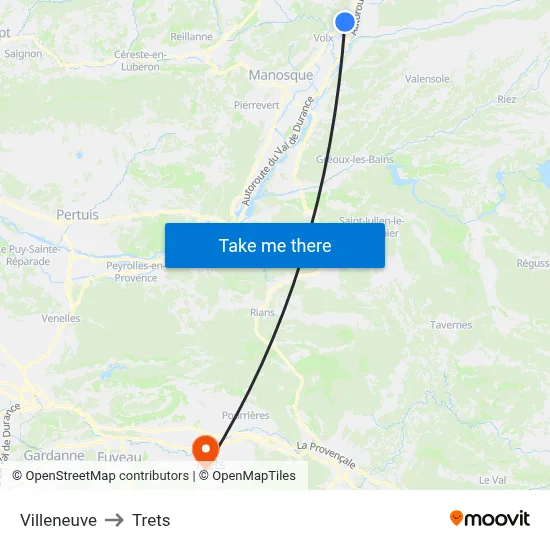 Villeneuve to Trets map