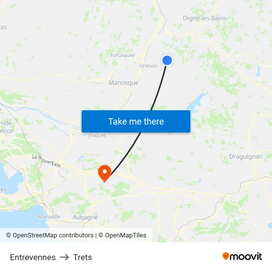 Entrevennes to Trets map