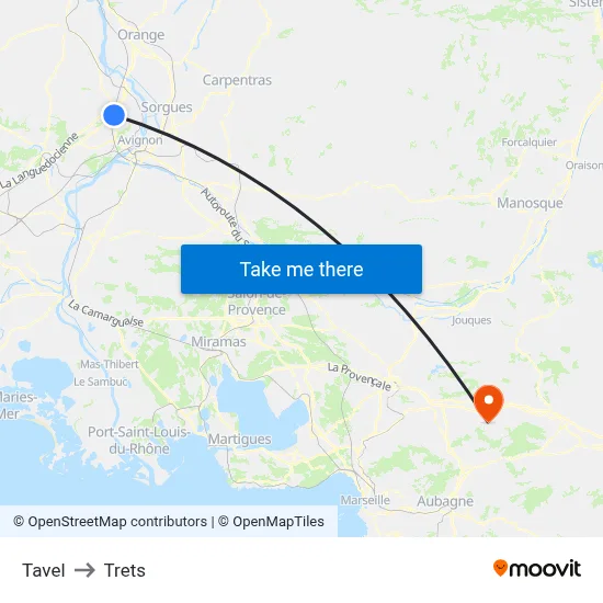 Tavel to Trets map