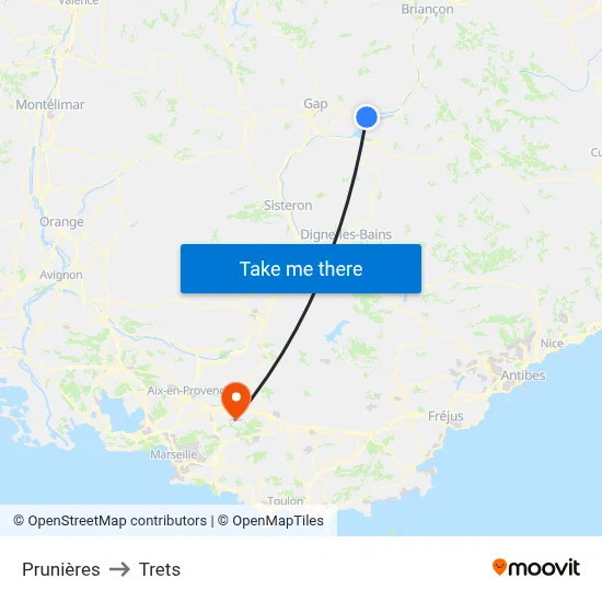 Prunières to Trets map