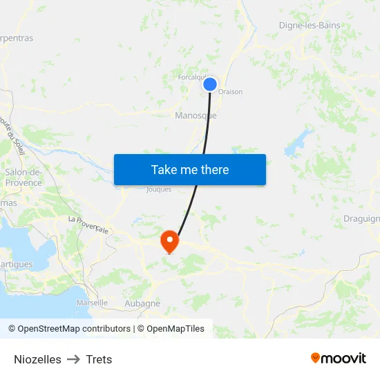 Niozelles to Trets map