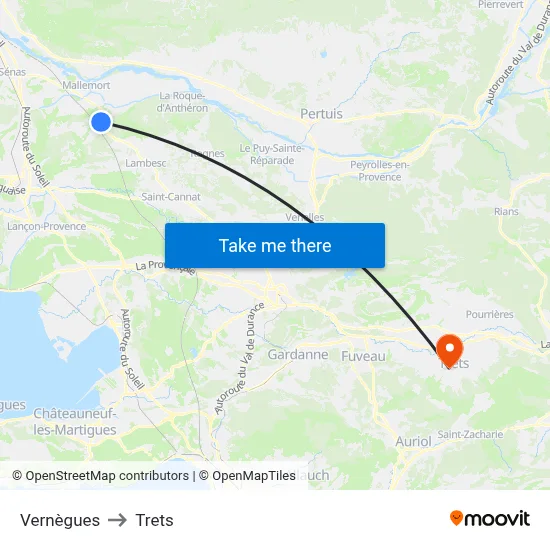 Vernègues to Trets map