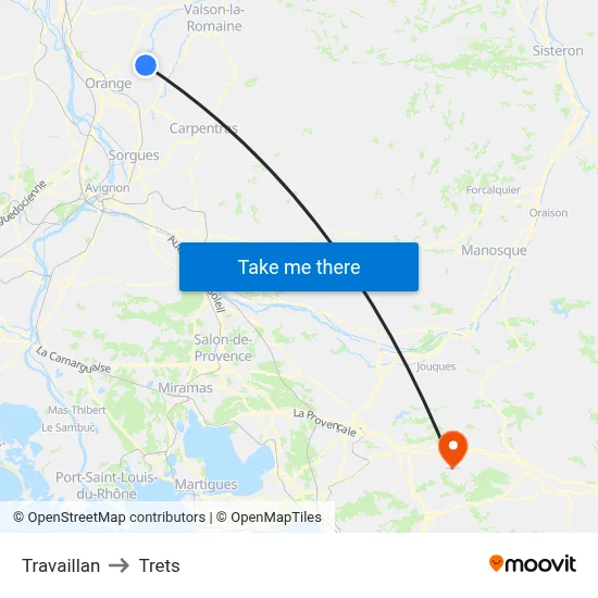 Travaillan to Trets map