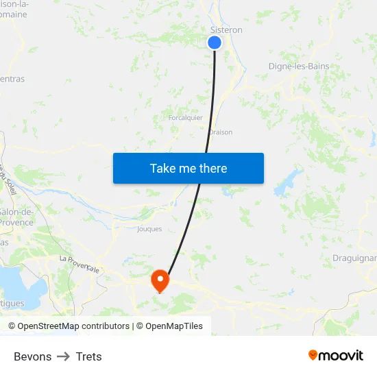 Bevons to Trets map