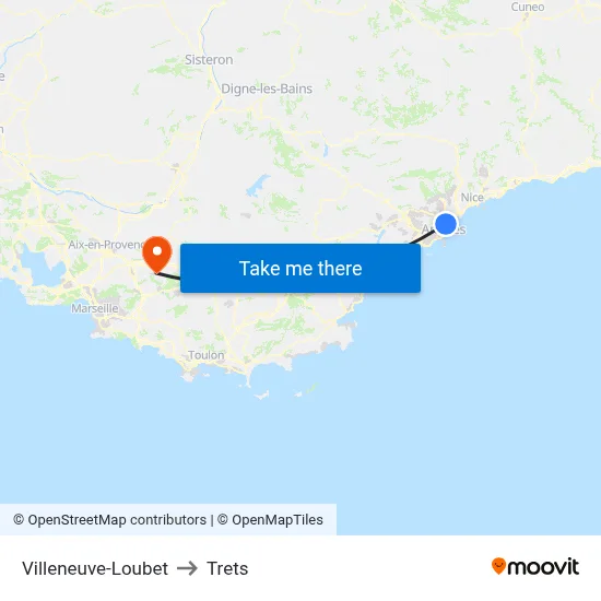 Villeneuve-Loubet to Trets map