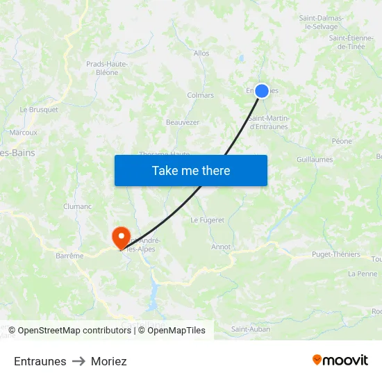 Entraunes to Moriez map