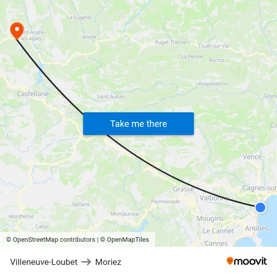 Villeneuve-Loubet to Moriez map