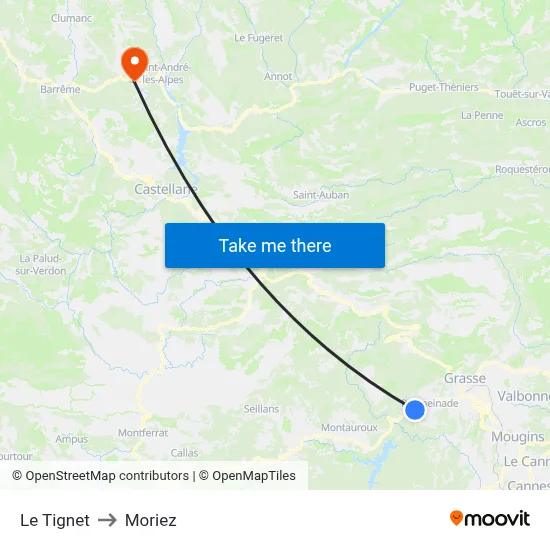 Le Tignet to Moriez map