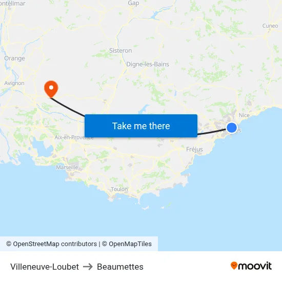 Villeneuve-Loubet to Beaumettes map