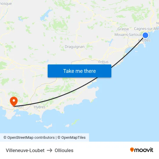 Villeneuve-Loubet to Ollioules map