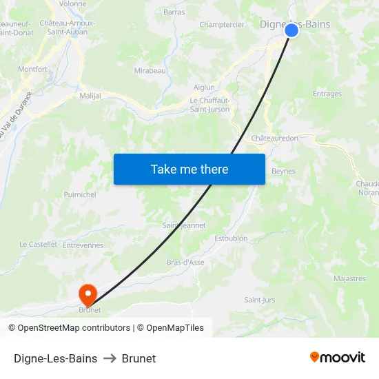 Digne-Les-Bains to Brunet map