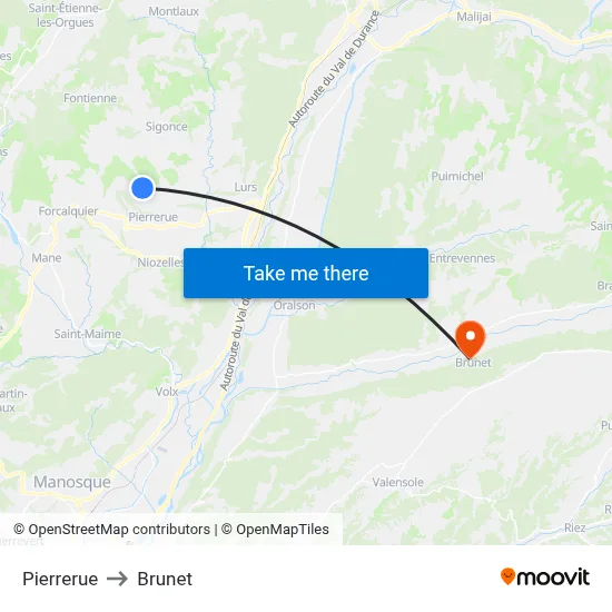 Pierrerue to Brunet map