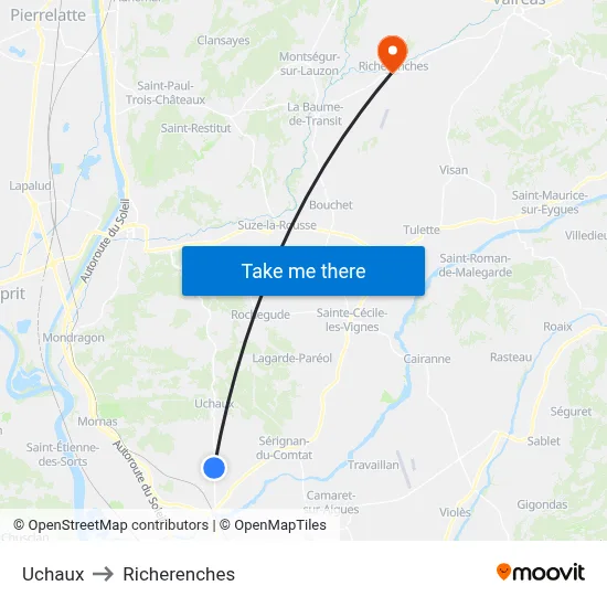 Uchaux to Richerenches map