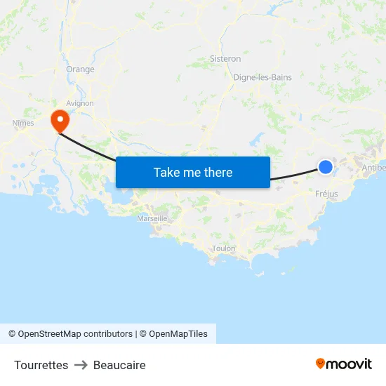 Tourrettes to Beaucaire map