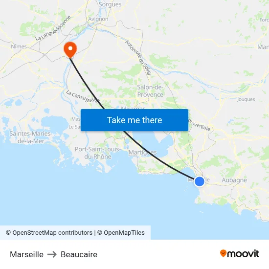 Marseille to Beaucaire map