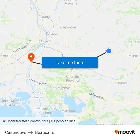 Caseneuve to Beaucaire map