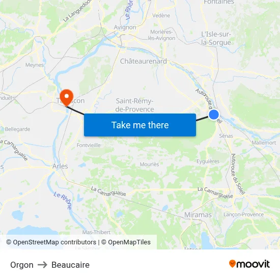 Orgon to Beaucaire map