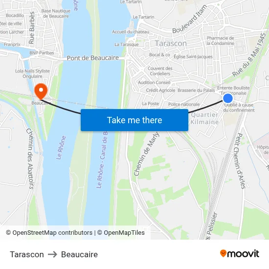 Tarascon to Beaucaire map