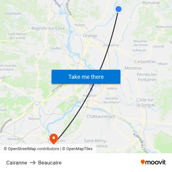 Cairanne to Beaucaire map