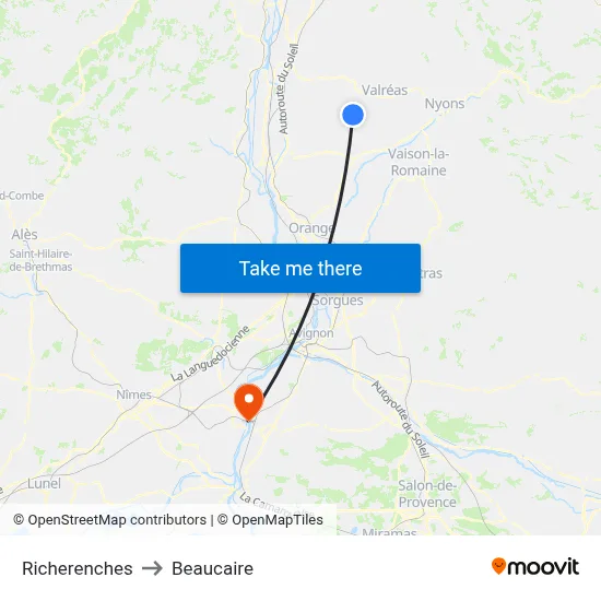 Richerenches to Beaucaire map