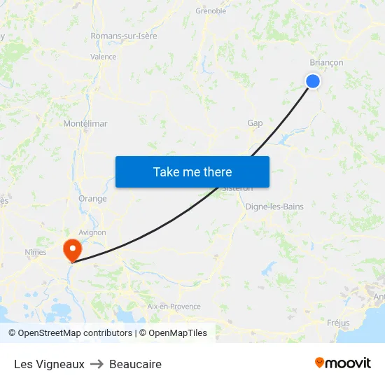 Les Vigneaux to Beaucaire map