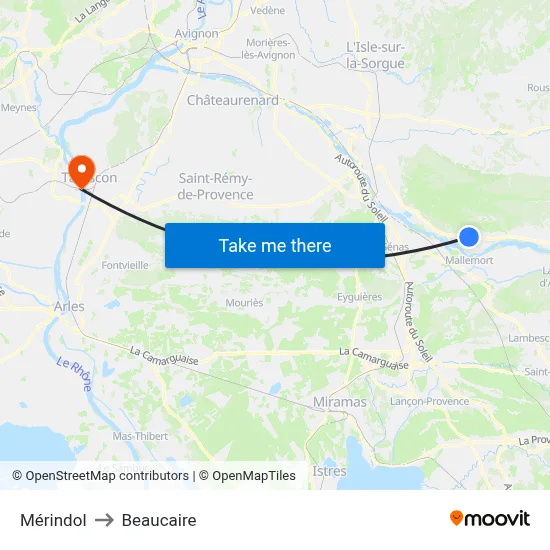 Mérindol to Beaucaire map