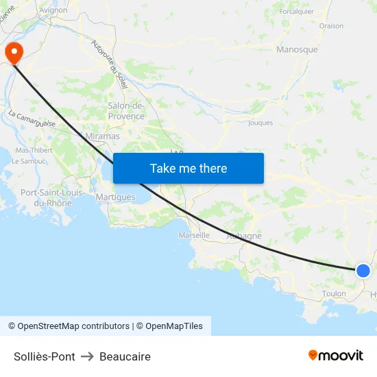 Solliès-Pont to Beaucaire map