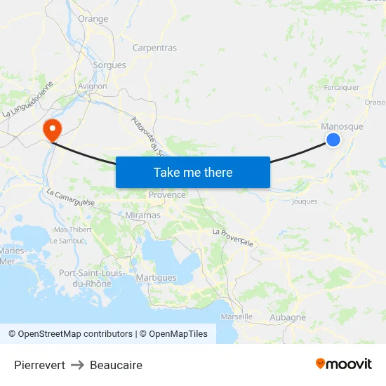 Pierrevert to Beaucaire map