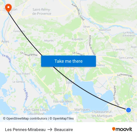 Les Pennes-Mirabeau to Beaucaire map