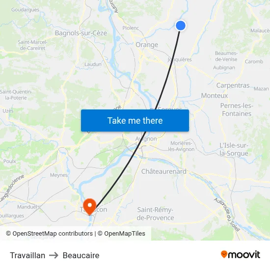 Travaillan to Beaucaire map