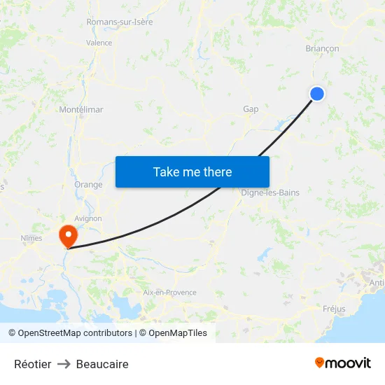 Réotier to Beaucaire map