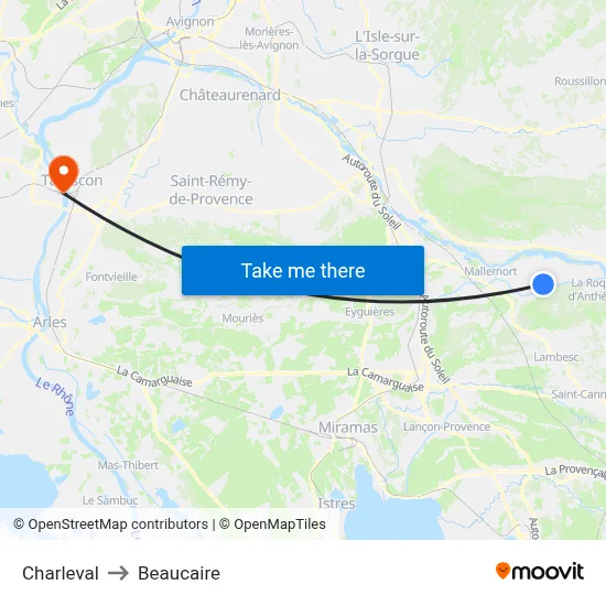Charleval to Beaucaire map