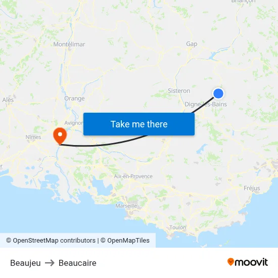 Beaujeu to Beaucaire map