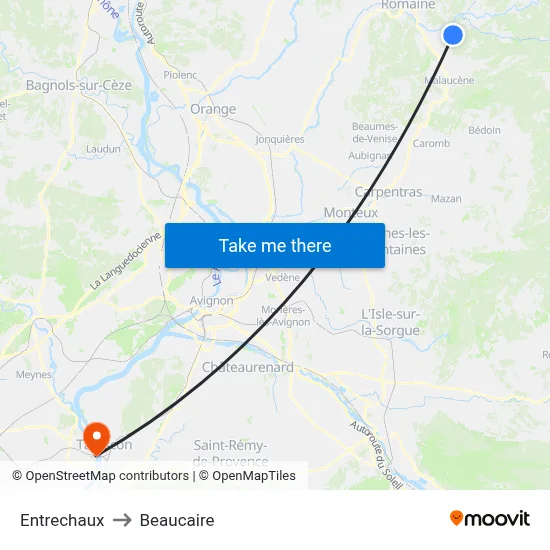 Entrechaux to Beaucaire map
