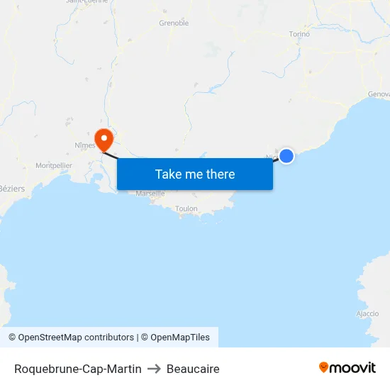 Roquebrune-Cap-Martin to Beaucaire map