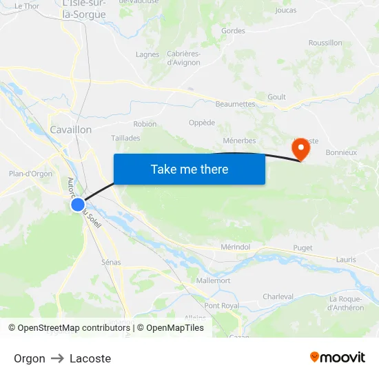 Orgon to Lacoste map