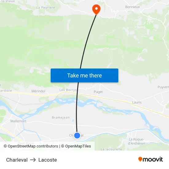 Charleval to Lacoste map