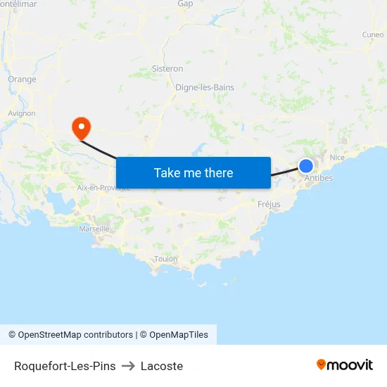 Roquefort-Les-Pins to Lacoste map