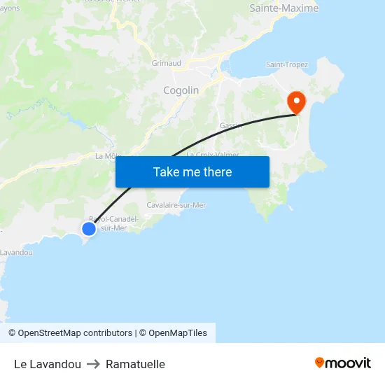 Le Lavandou to Ramatuelle map