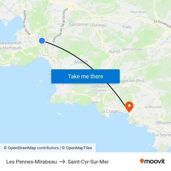 Les Pennes-Mirabeau to Saint-Cyr-Sur-Mer map