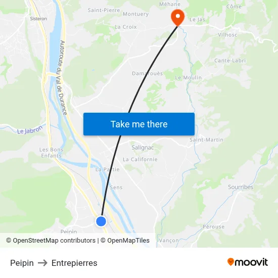 Peipin to Entrepierres map