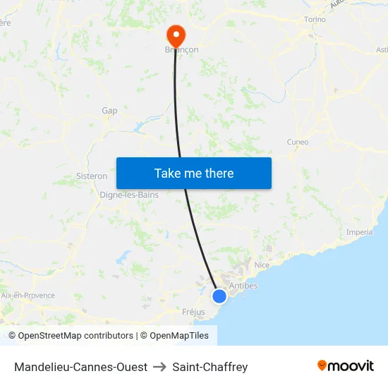 Mandelieu-Cannes-Ouest to Saint-Chaffrey map