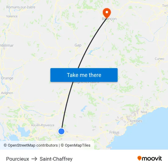 Pourcieux to Saint-Chaffrey map