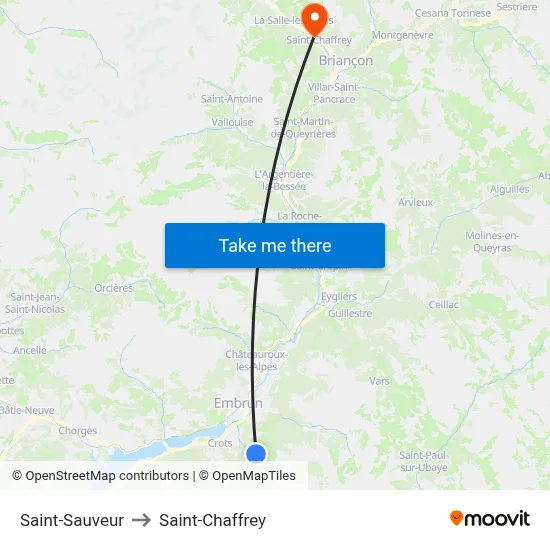 Saint-Sauveur to Saint-Chaffrey map