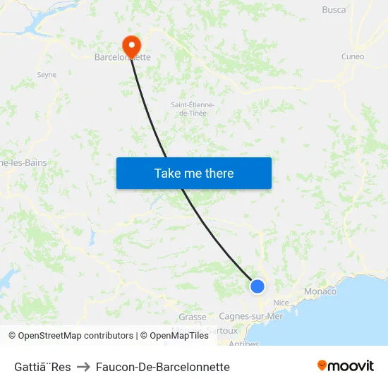 Gattiã¨Res to Faucon-De-Barcelonnette map