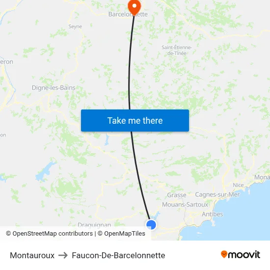 Montauroux to Faucon-De-Barcelonnette map