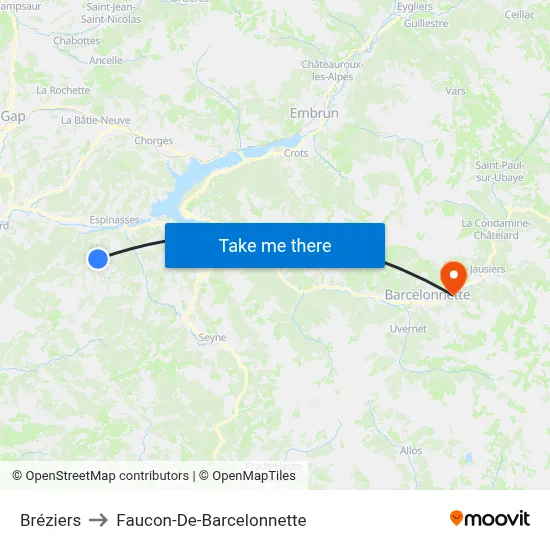 Bréziers to Faucon-De-Barcelonnette map