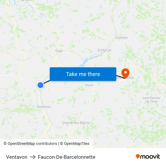 Ventavon to Faucon-De-Barcelonnette map